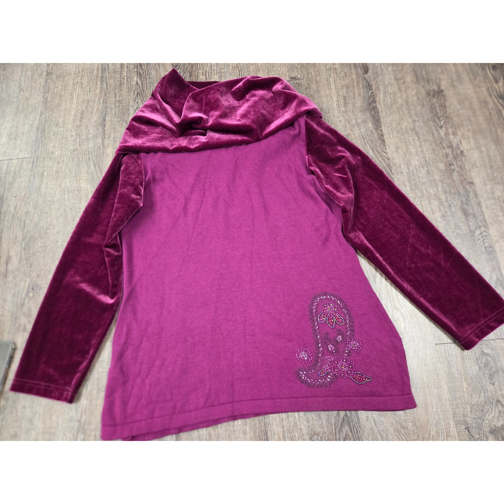 Coldwater Creek Dark Magenta Velour Long Sleeve Cowl Neck Blouse Size Medium